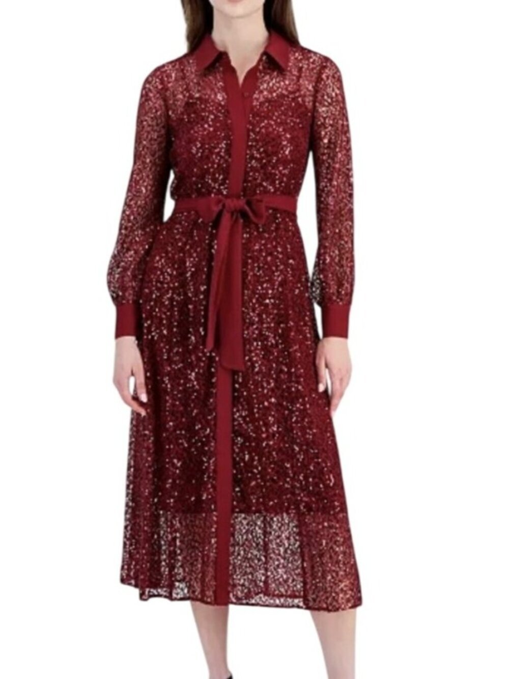 Anne Klein Long Sleeve Sequin Lace Shirtdress~Size 4~Cabernet Red NWT L16 22